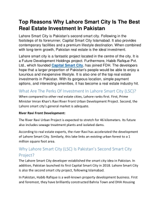 Top Reasons Why Lahore Smart City Is The Best Real Estate Investment In Pakistan