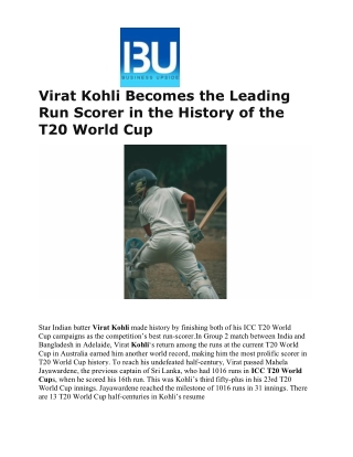 Virat Kohli Becomes the Leading Run Scorer in the History of the T20 World Cup