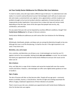Let Your Family Doctor Melbourne For Effective Skin Care Solutions