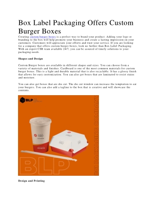 Box Label Packaging Offers Custom Burger Boxes