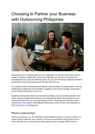Choosing to Partner your Business with Outsourcing Philippines