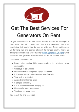 Silent Generator On Rent In Delhi Call-9810679523