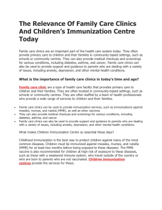 The Relevance Of Family Care Clinics And Children’s Immunization Centre Today