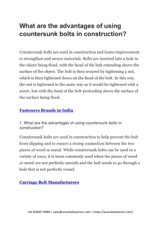 What are the advantages of using countersunk bolts in construction