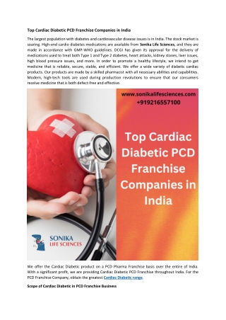 Top Cardiac Diabetic PCD Franchise Companies in India