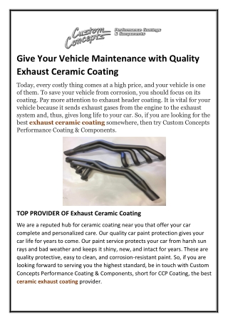 Give Your Vehicle Maintenance With Quality Exhaust Ceramic Coating