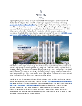 Reasonable Premium Apartments For Sale in Bangalore East at Aratt Alchemy by Aratt Developers