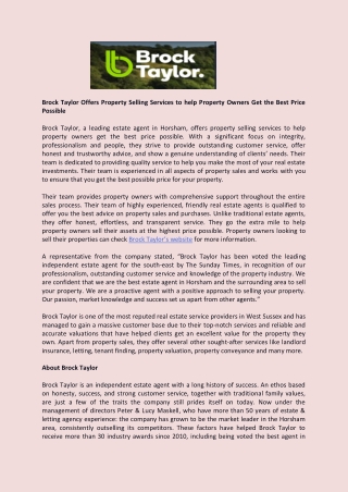 Brock Taylor Offers Property Selling Services to help Property Owners Get the Best Price Possible