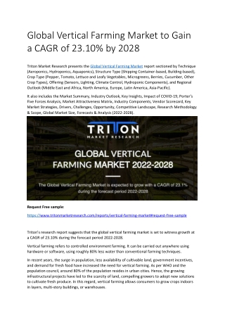 Global Vertical Farming Market to Gain a CAGR of 23.10% by 2028