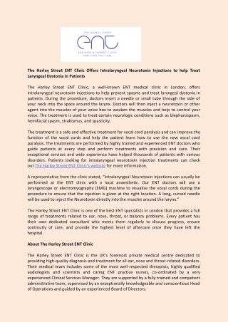 The Harley Street ENT Clinic Offers Intralaryngeal Neurotoxin Injections to help Treat Laryngeal Dystonia in Patients