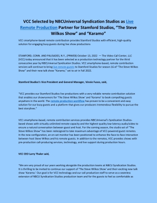 VCC Selected by NBCUniversal Syndication Studios as Live Remote Production Partner for Stamford Studios, “The Steve Wilk