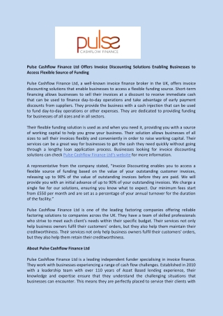 Pulse Cashflow Finance Ltd Offers Invoice Discounting Solutions Enabling Businesses to Access Flexible Source of Funding