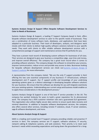 Systems Analysis Design & Support Offers Bespoke Software Development Services to Cater to Needs of Businesses