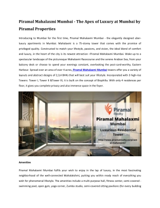 Piramal Mahalaxmi Mumbai - The Apex of Luxury At Mumbai City