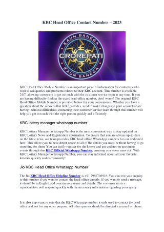 KBC Head Office Contact Number – 2023