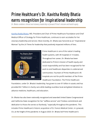 Prime Healthcare's Dr. Kavitha Reddy Bhatia earns recognition for inspirational leadership