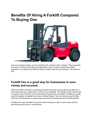 Benefits Of Hiring A Forklift Compared To Buying One