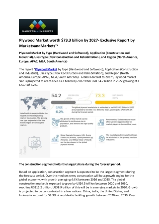 Plywood Market Will Reach a Valuation in Excess of US$ 73.3 billion by 2027