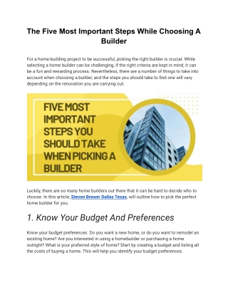 Important Procedures for Picking A Builder