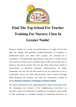 Nursery Teacher’s Training In Greater Noida Call-9870270337