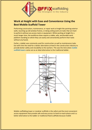 Work at Height with Ease and Convenience Using the Best Mobile Scaffold Tower