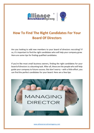 Managing Director Recruitment - Alliance Recruitment Agency