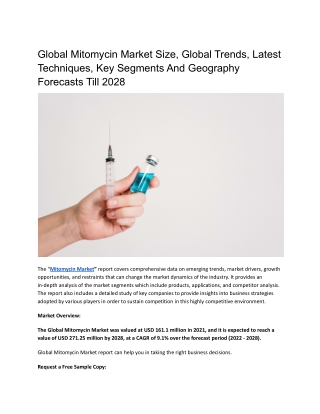 Global Mitomycin Market Size, Global Trends, Latest Techniques, Key Segments