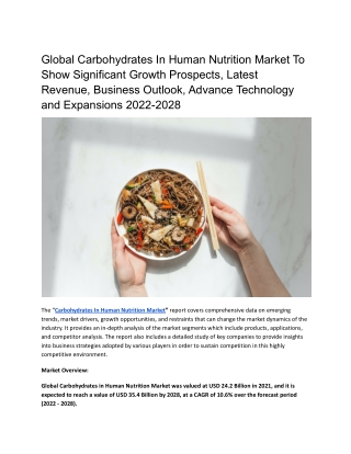 Global Carbohydrates In Human Nutrition Market To Show Significant Growth