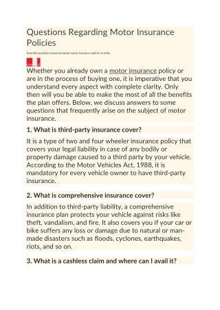 Important Questions Regarding Motor Insurance Policies