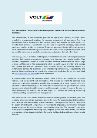 Volt International Offers Consultative Management Solution for Services Procurement of Businesses