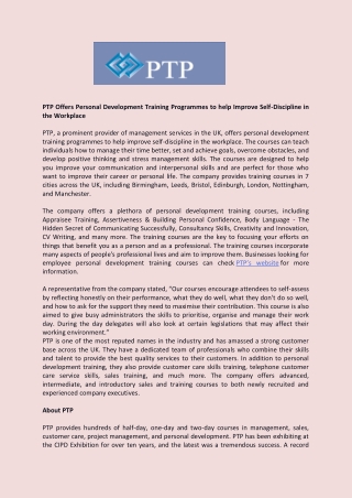 PTP Offers Personal Development Training Programmes to help Improve Self-Discipline in the Workplace