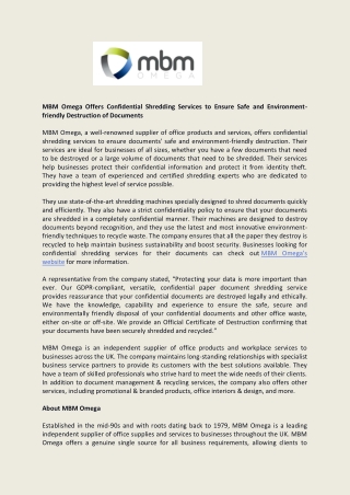 MBM Omega Offers Confidential Shredding Services to Ensure Safe and Environment-friendly Destruction of Documents