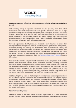 Volt Consulting Group Offers Total Talent Management Solution to help Improve Business Growth