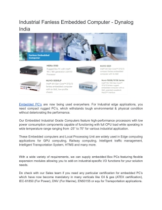 Industrial Embedded Computer - Dynalog India