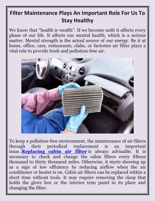 Filter Maintenance Plays An Important Role For Us To Stay Healthy