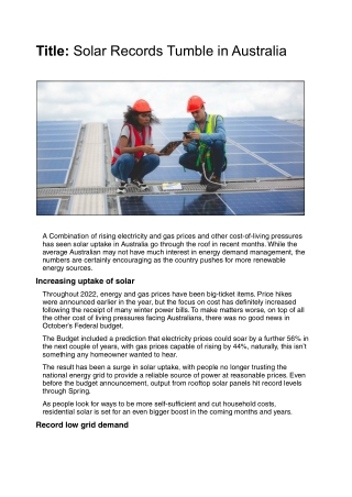 Solar Records Tumble in Australia