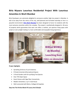 Birla Niyaara - Luxurious Apartments With Luxurious Amenities In Worli Mumbai