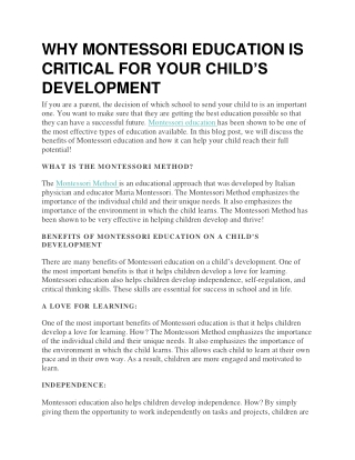 WHY MONTESSORI EDUCATION IS CRITICAL FOR YOUR CHILD
