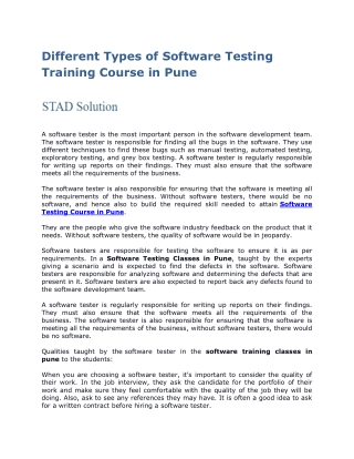 Different Types of Software Testing Training Course in Pune