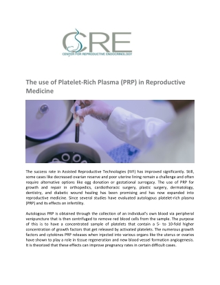 The use of Platelet-Rich Plasma (PRP) in Reproductive Medicine - Center for Reproductive Endocrinology