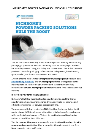 NICHROME’S POWDER PACKING SOLUTIONS RULE THE ROOST.