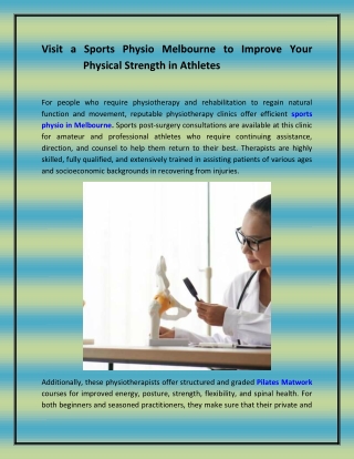 Visit a Sports Physio Melbourne to Improve Your Physical Strength in Athletes