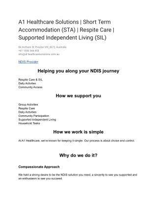 A1 Healthcare Solutions _ Short Term Accommodation (STA) _ Respite Care _ Supported Independent Living (SIL)