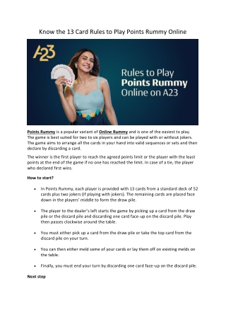 Know the Rules to Play Points Rummy Online Games on A23