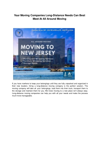 Your Moving Companies Long-Distance Needs Can Best Meet At All Around Moving.ppt