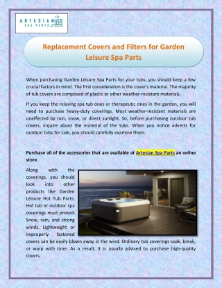 Replacement Covers and Filters for Garden Leisure Spa Parts