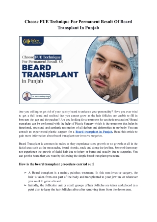 Choose FUE technique for permanent result  of Beard transplant in Punjab