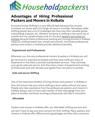 Advantages of Hiring Professional Packers and Movers in Kolkata