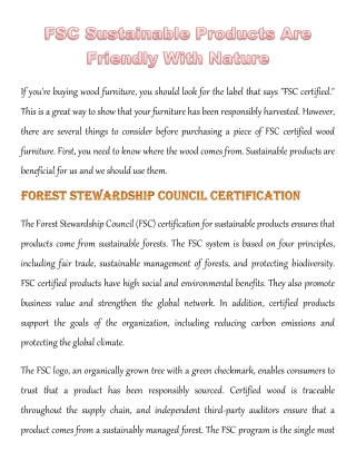 FSC Sustainable Products Are Friendly With Nature