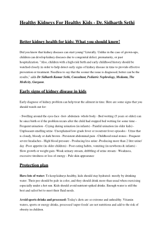 Healthy Kidneys For Healthy Kids - Dr. Sidharth Sethi